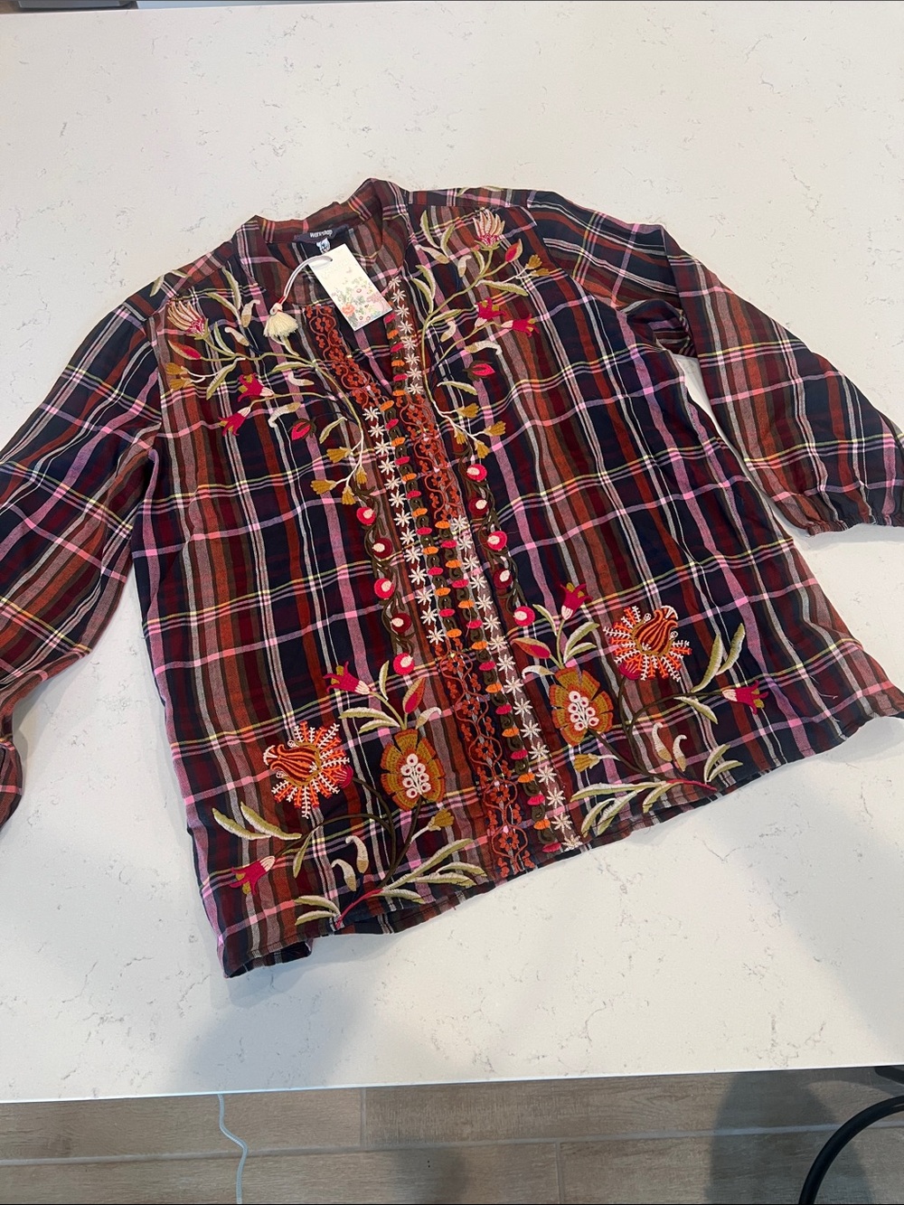 Johnny Was Multicolor Plaid Oversized Shirt with Floral Embroidery